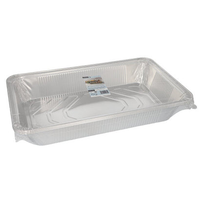 De Starpak 3 Gastronorm-container is een rechthoekige wegwerpcontainer van aluminiumfolie (8,5 l, 8 cm x 32,6 cm x 52,7 cm) met verhoogde rand en een productetiket aan de binnenkant, die leeg wordt weergegeven op een eenvoudige witte achtergrond (3 stuks, vacuüm verpakt).