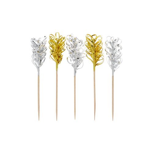 De PAPSTAR Deco-Picker "Frills" goud/zilver (10,5 cm, 30 stuks) van de PAPSTAR GmbH zijn voorzien van feestelijke goud- en zilvermetallic-glitter - ideaal als party-accessoires of tafeldecoratie voor feesten, afgebeeld op een eenvoudige witte achtergrond.