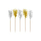 De PAPSTAR Deco-Picker "Frills" goud/zilver (10,5 cm, 30 stuks) van de PAPSTAR GmbH zijn voorzien van feestelijke goud- en zilvermetallic-glitter - ideaal als party-accessoires of tafeldecoratie voor feesten, afgebeeld op een eenvoudige witte achtergrond.