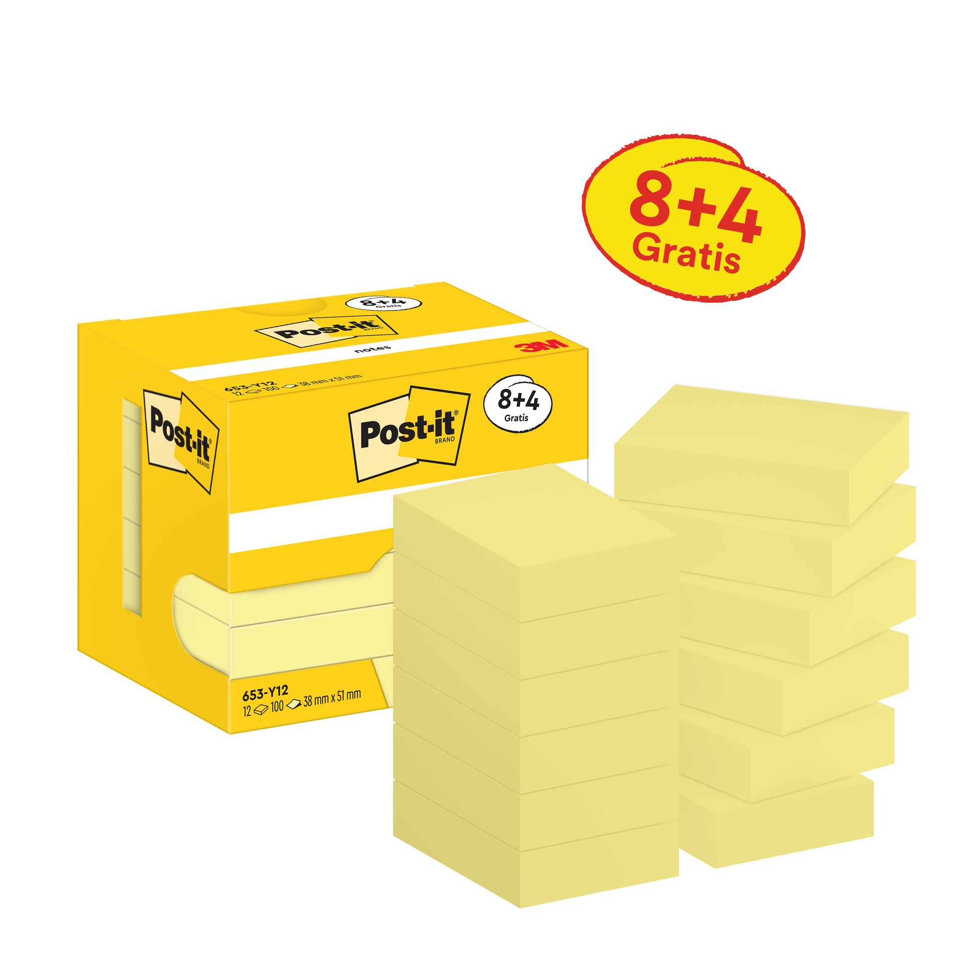 Eine Packung Post-it® Notes, Gelb, 38 x 51 mm (100 Blatt/Block), 8 Blöcke + 4 Gratis von 3M Deutschland GmbH ist in einer gelben Schachtel mit "8+4 Gratis" neben zwölf Stapeln gelber Haftnotizen abgebildet.