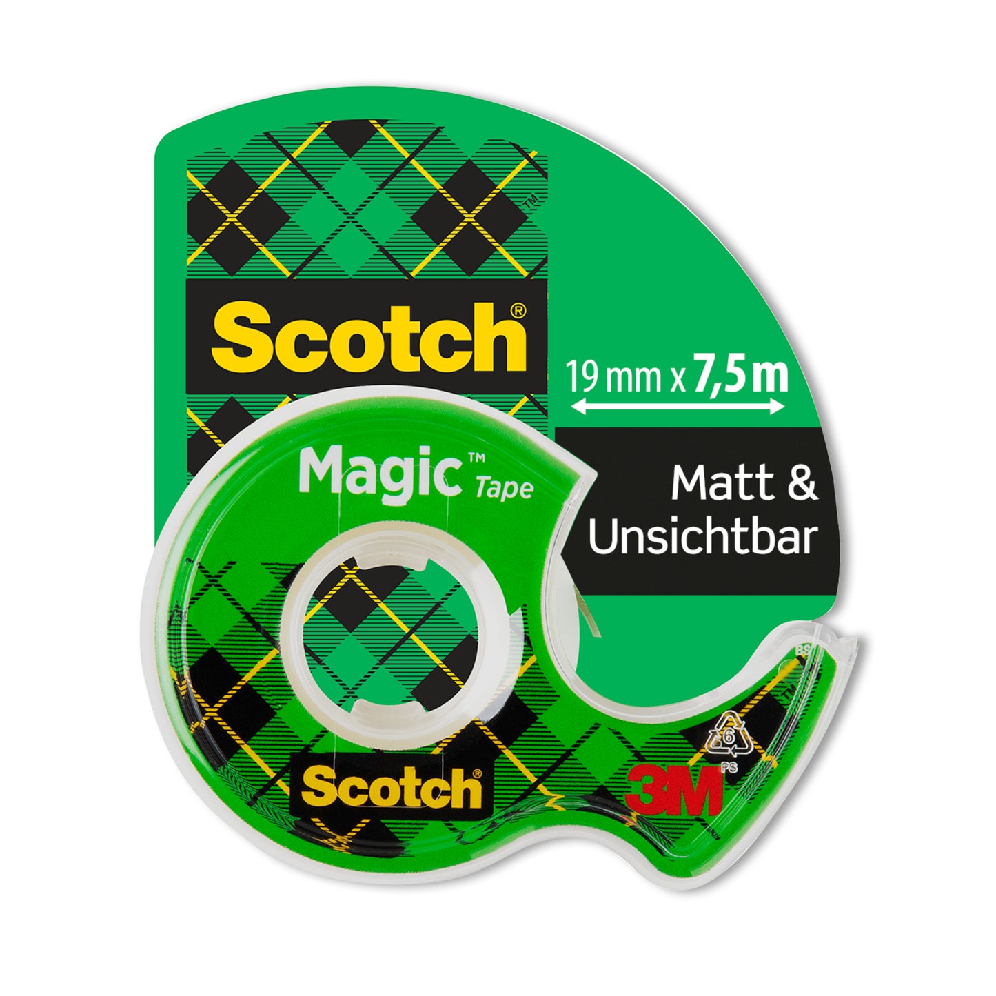 Eine Rolle Scotch® Magic™ Unsichtbares Klebeband (19 mm x 7,5 m) mit einem Kunststoffspender von 3M Deutschland GmbH. Die Verpackung ist grün kariert und mit "Matt & Unsichtbar" beschriftet.