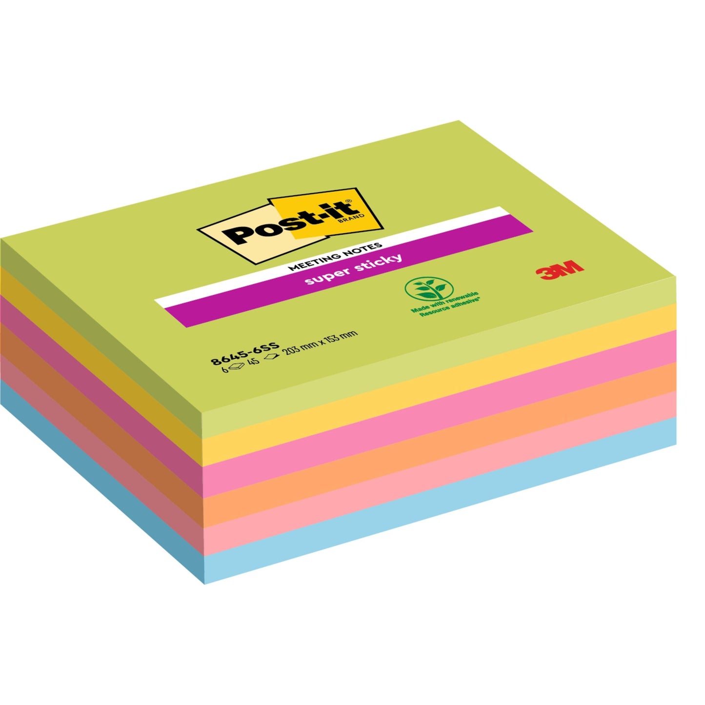 Een pak 3M Post-it® Super Sticky Meeting Notes, verschillende kleuren, 203 x 153 mm, 45 vellen per blok, 6 blokken per verpakking, van 3M Deutschland GmbH; PEFC-gecertificeerd (SGSCH-PEFC-COC-110078), verpakking met productinformatie.