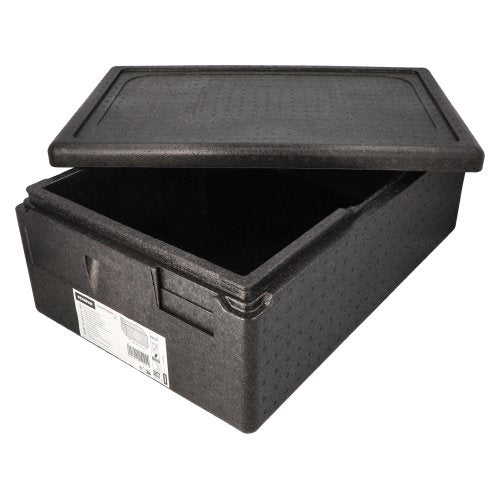 Een zwarte Starpak isolerende transportcontainer, EPP 60x40cm "Gastro-Norm 1/1", heeft een gedeeltelijk geopende deksel die de lege binnenruimte toont, en een wit etiket met tekst en barcodes aan de voorkant - ideaal voor gebruik in de horeca.