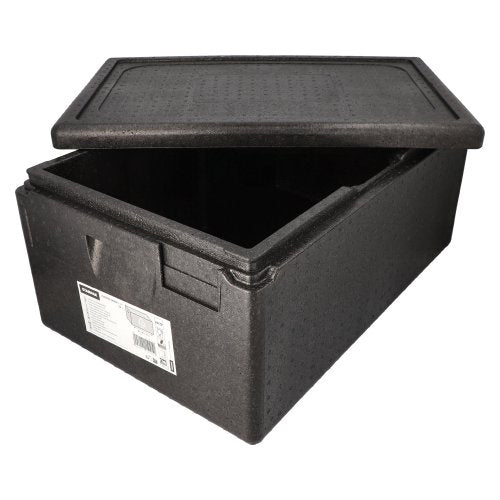 De zwarte Starpak isolerende transportcontainer, EPP 60 cm x 40 cm "Gastro-Norm 1/1", heeft een gedeeltelijk geopende deksel die de lege binnenruimte toont, en een voorzijde-etiket met barcode - perfect voor horeca-toepassingen.