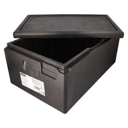De zwarte Starpak isolerende transportcontainer, EPP 60 cm x 40 cm "Gastro-Norm 1/1", heeft een gedeeltelijk geopende deksel die de lege binnenruimte toont, en een voorzijde-etiket met barcode - perfect voor horeca-toepassingen.