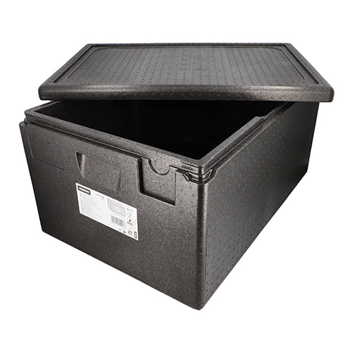 Afgebeeld is een zwarte Starpak isolerende transportcontainer van EPP (68,5 x 48,5 x 36 cm), Euro-norm, met gedeeltelijk geopend deksel en ruime binnenkant. Aan de voorkant bevindt zich een productetiket. Verpakking: 1 stuk.