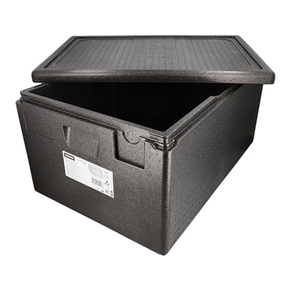 Afgebeeld is een zwarte Starpak isolerende transportcontainer van EPP (68,5 x 48,5 x 36 cm), Euro-norm, met gedeeltelijk geopend deksel en ruime binnenkant. Aan de voorkant bevindt zich een productetiket. Verpakking: 1 stuk.