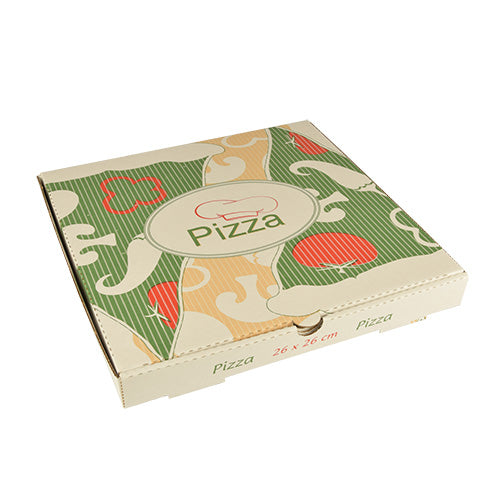 De PAPSTAR 100 pizzadozen van PAPSTAR GmbH zijn vierkante, milieuvriendelijke dozen van pure cellulose met de afmetingen 26x26 cm. Ze zijn voorzien van kleurrijke pizza-afbeeldingen in groen, oranje en rood en het opschrift 'Pizza' op de bovenkant en de zijkanten.