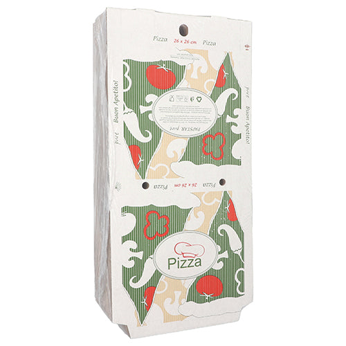 De PAPSTAR 100 pizzadozen "pure" rechthoekig van PAPSTAR GmbH is een rechthoekige, milieuvriendelijke cellulosekarton (26 x 26 cm) met groen, beige en rood tomaten- en paprikamotief en het opschrift "Pizza", verticaal afgebeeld op de foto.