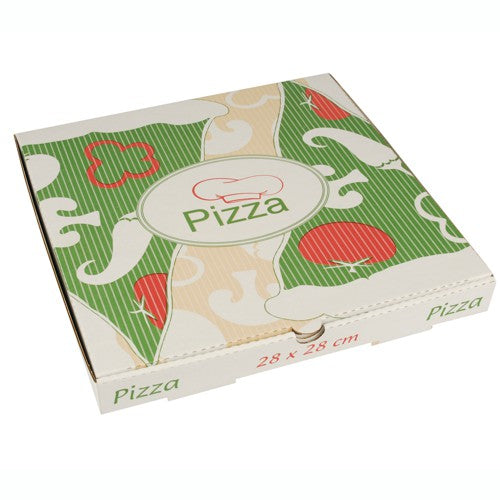 De PAPSTAR 100 pizzadozen van PAPSTAR GmbH vallen op door hun kleurrijke design met groene strepen, rode tomaten, witte champignons en het opschrift 'Pizza' op het deksel. Gemaakt van pure cellulose, elke doos meet 28 x 28 cm en is milieuvriendelijk.