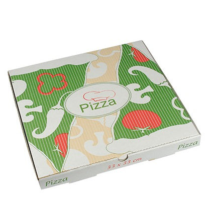 Afgebeeld is een gesloten PAPSTAR 100 pizzadoos van PAPSTAR GmbH gemaakt van pure cellulose in kleurrijk veggie-design in groen, rood en beige met het opschrift 'Pizza' op deksel en zijkant; de afmetingen zijn 33 x 33 cm.