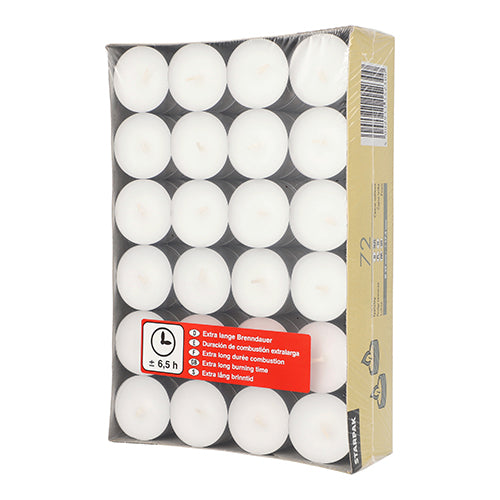 Een rechthoekige Starpak kartonnen tray bevat 72 witte theelichten (Ø 39 mm, 17,5 mm), elk met een lange brandduur van 6,5 uur, zoals benadrukt door het verpakkings- en kloksymbool.