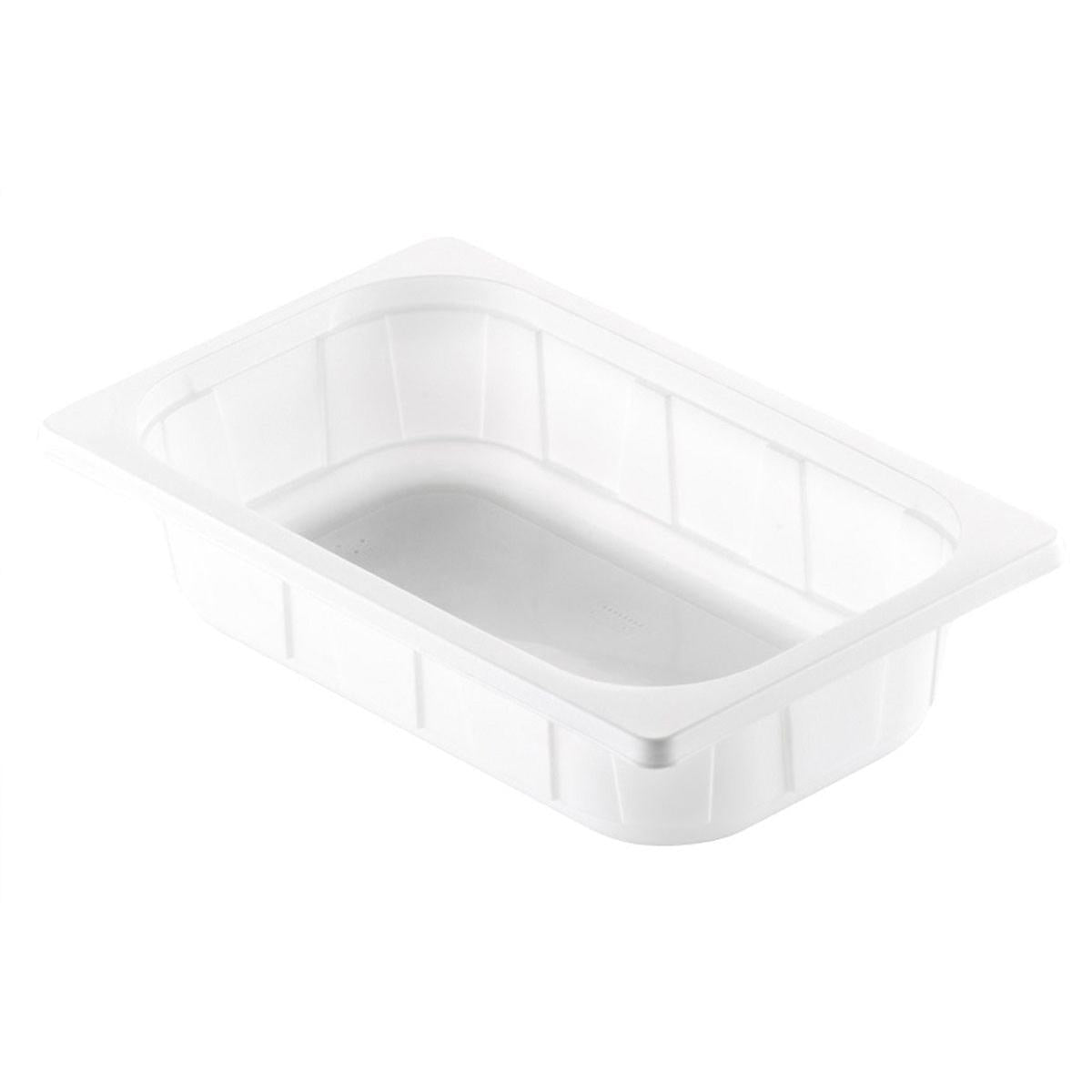 De Duni GmbH PP Schaal 1/4 GN Wit PP is een rechthoekige witte schaal met rechte zijden, een platte rand en subtiele verticale groeven ter ondersteuning, ontworpen als een stabiele 1/4 GN-container voor de horeca.