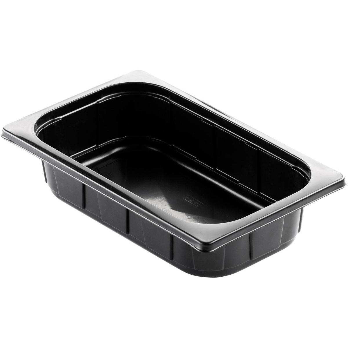 De Duni GmbH PP Schale 1/4 GN Schwarz is een rechthoekige zwarte schaal met afgeronde randen en een platte rand, ideaal voor buffetpresentaties in de horeca, hier leeg in een hoek voor een witte achtergrond.