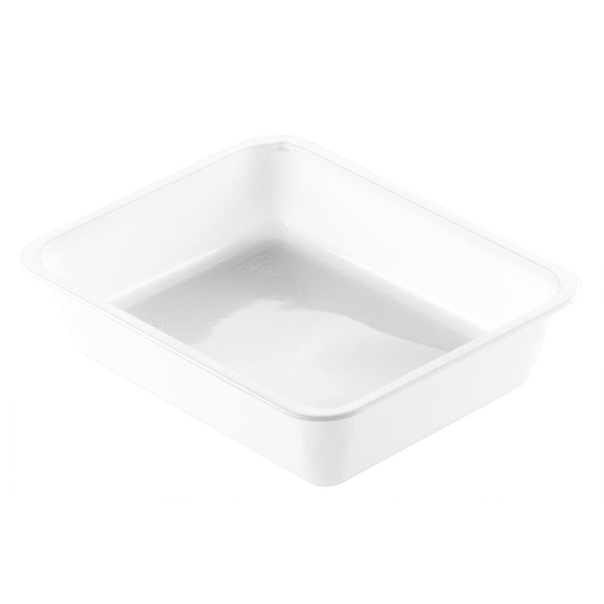 De CPET-schaal 1 Wit CPET van Duni GmbH is een rechthoekige, platte, hittebestendige voedselcontainer met gladde zijkanten en afgeronde hoeken, afgebeeld op een witte achtergrond.