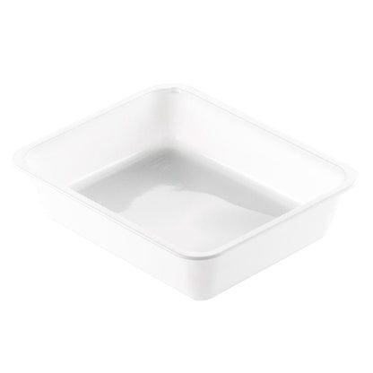 De CPET-schaal 1 Wit CPET van Duni GmbH is een rechthoekige, platte, hittebestendige voedselcontainer met gladde zijkanten en afgeronde hoeken, afgebeeld op een witte achtergrond.