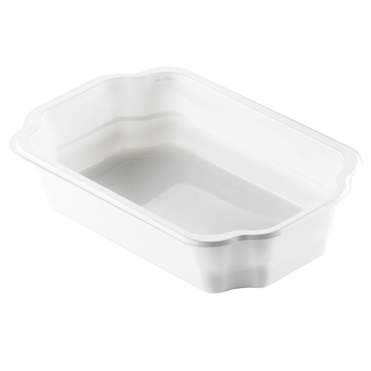 De Duni GmbH PP-schaal Take-Away Wit PP 250x159 is een witte rechthoekige voedselcontainer met licht gebogen zijkanten en geringe diepte, ideaal voor take-away verpakkingen, afgebeeld op een eenvoudige witte achtergrond.