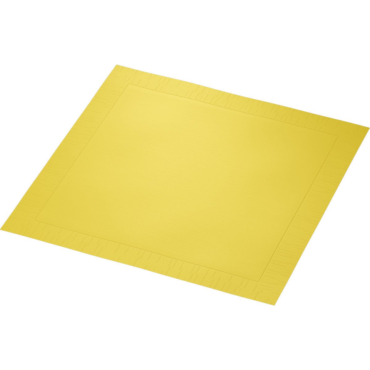 Een vierkante gele Duni GmbH Klassikservietten papieren servet, 40 x 40 cm, 4-laags, geperst met 1/4 vouw, ligt plat op een witte achtergrond.