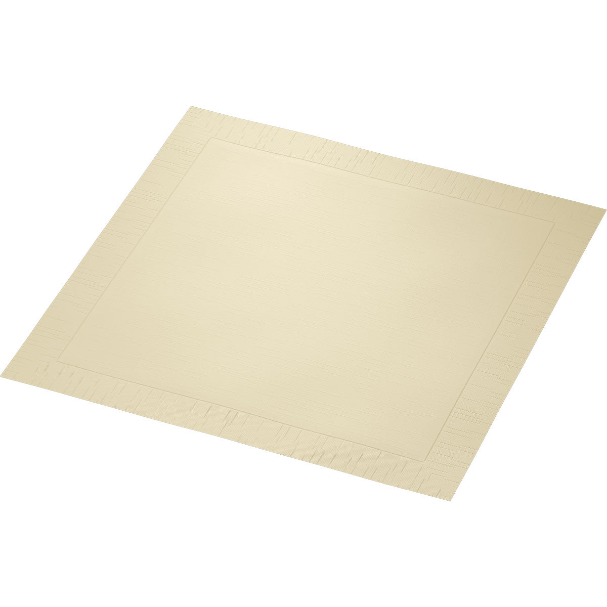 Afgebeeld is een crèmekleurige Duni GmbH Klassikservietten 40 x 40 cm, 4-laags, geperst 1/4 vouw papieren servet met subtiel gestructureerde rand op witte achtergrond.