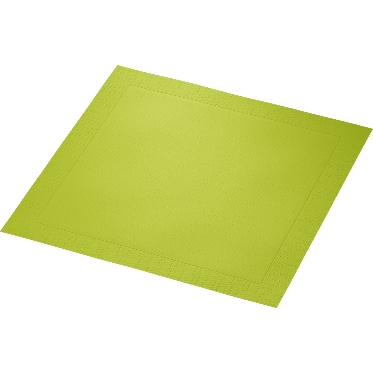 Een enkele Duni GmbH Klassikservietten 40 x 40 cm 4-laags, geperst 1/4 vouw servet in lindegroen is afgebeeld op een witte achtergrond en toont zijn gladde midden en de gemodelleerde rand.