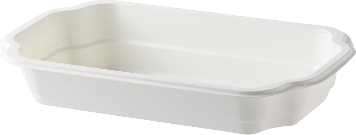 De Duni GmbH PP-schaal Take-Away Wit PP 250x159 is een rechthoekige, witte voedselcontainer met een licht verhoogde, omgekrulde rand, leeg afgebeeld op een witte achtergrond.