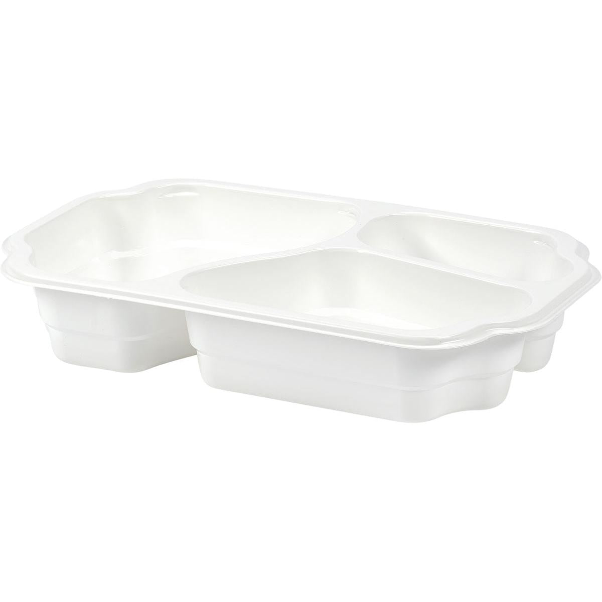 De Duni GmbH PP-schaal Take-Away 250x159x48 mm in wit heeft drie vakken, ideaal voor snacks en maaltijden om mee te nemen; wordt geleverd als verpakking met 246 stuks en is afgebeeld tegen een eenvoudige achtergrond.