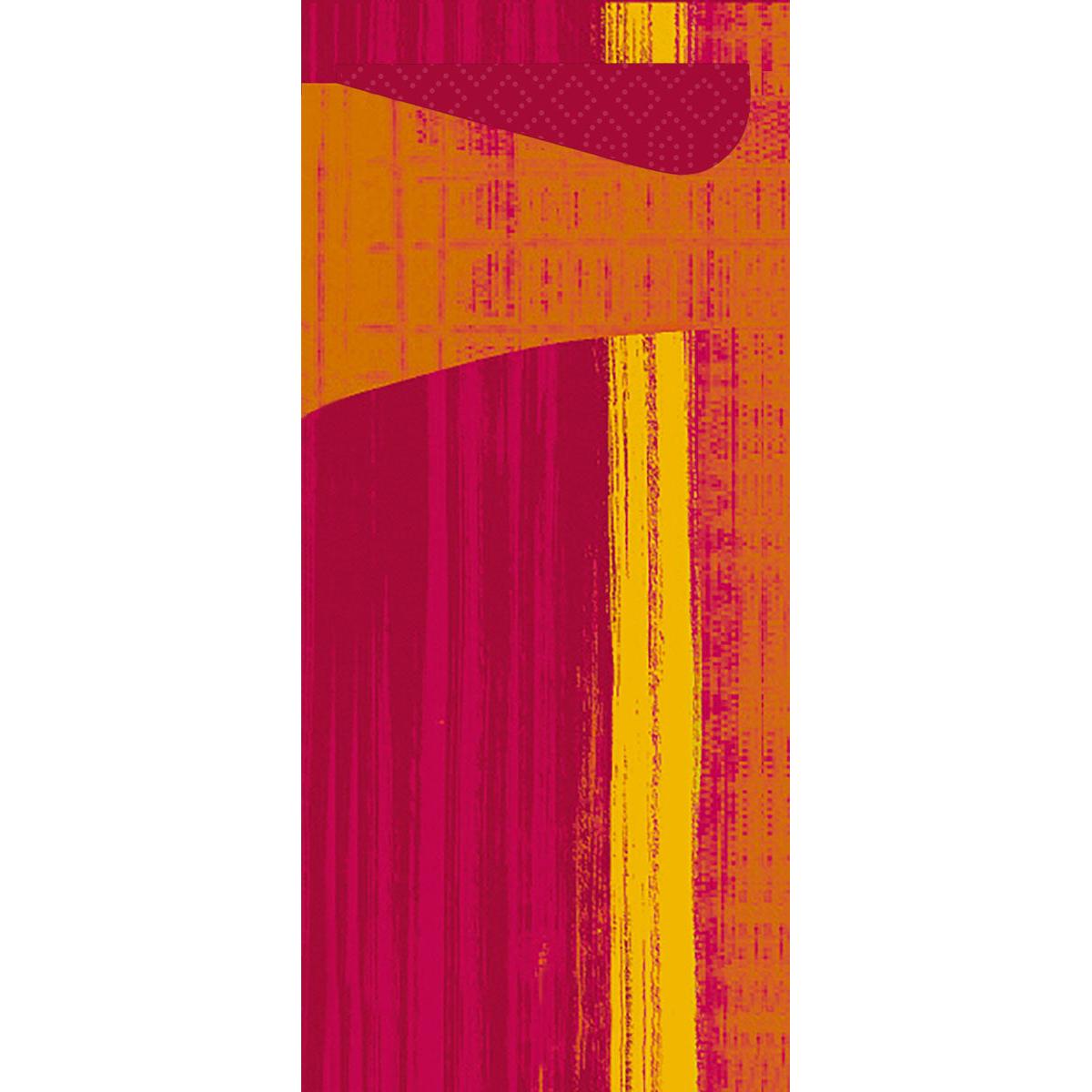 Abstract digitaal kunstwerk met verticale rode en gele strepen en een golvende kastanjebruine vorm, geïnspireerd door de zachte, gelaagde textuur van de Sacchetto Zelltuch 190 x 85 mm van Duni GmbH, die solide en gestructureerde visuele elementen mengt.