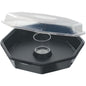 De Octaview® Zwart/Transparant PS Tray 190x190x70 van Duni GmbH (C&C verpakking met 157541, 35 stuks) heeft een heldere koepeldeksel en een centrale beker - perfect voor de georganiseerde voedselpresentatie of als voedselverpakking.