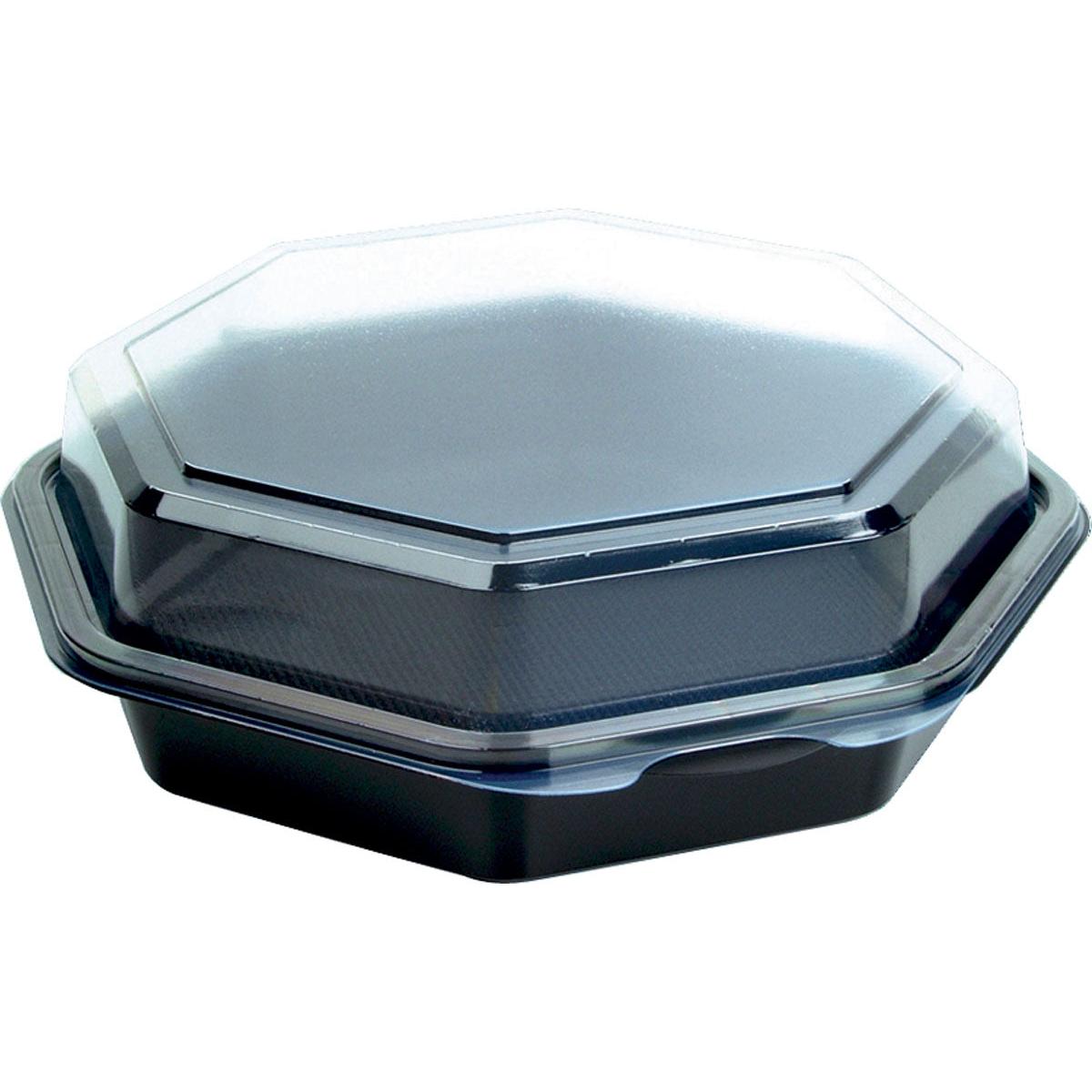 Een gesloten Octaview® (C&C verpakking met 127800) Zwart/Transparant PS 190x190x60 Takeout-container van Duni GmbH, afgebeeld op een witte achtergrond. Verpakking met 35 stuks.
