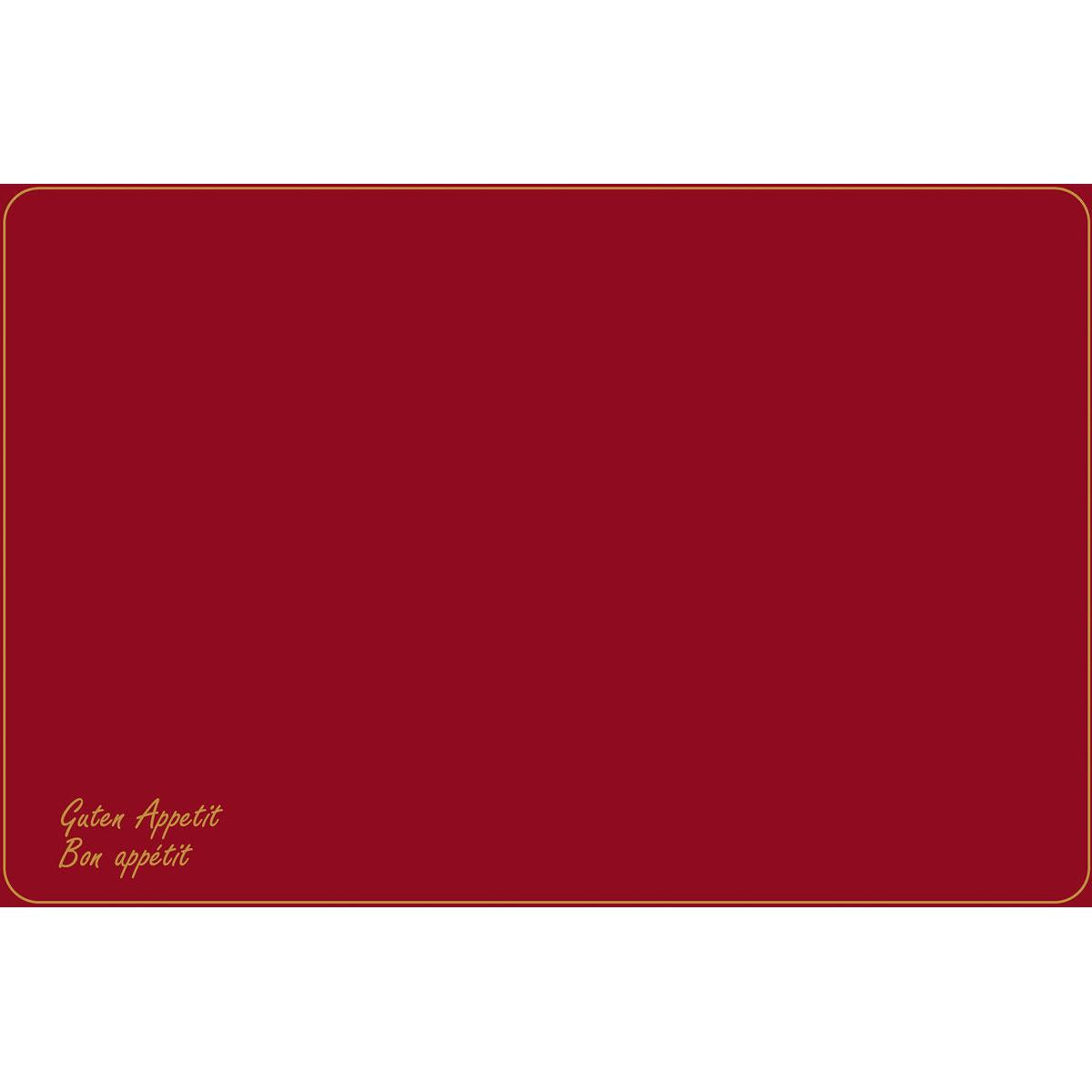 Dieses Dunicel-Tischset (Vesca Norm) 33 x 48 cm der Duni GmbH hat einen kastanienbraunen Hintergrund mit goldenem Rand und abgerundeten Ecken. Unten links steht in gelber Schreibschrift "Guten Appetit" und "Bon appétit" - ideal für einen elegant gedeckten Tisch.