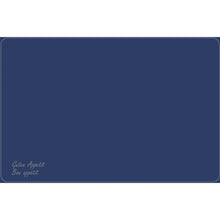 Ein rechteckiges 33 x 48 cm großes Dunicel-Tischsets der Duni GmbH in Dunkelblau, verziert mit weißen Umrandungen und "Guten Appetit" & "Bon appétit" in Schreibschrift in der Ecke. Ideal für elegante Tischsets von Vesca Norm.