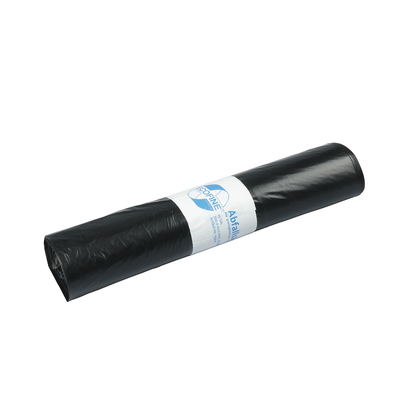 Een rol DEISS ECOFINE® afvalzakken 13900 van gerecycled LDPE/LLDPE, 120 liter, van EMIL DEISS KG (GmbH + Co.), met wit etiket, voor milieuvriendelijke verwerking is te zien op witte achtergrond.