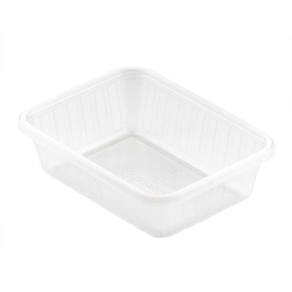 Afgebeeld is een Fixpack® rechthoekige Transparante PP 146x110mm opbergdoos van Duni GmbH met geribbelde zijkanten en zonder deksel op een witte achtergrond.