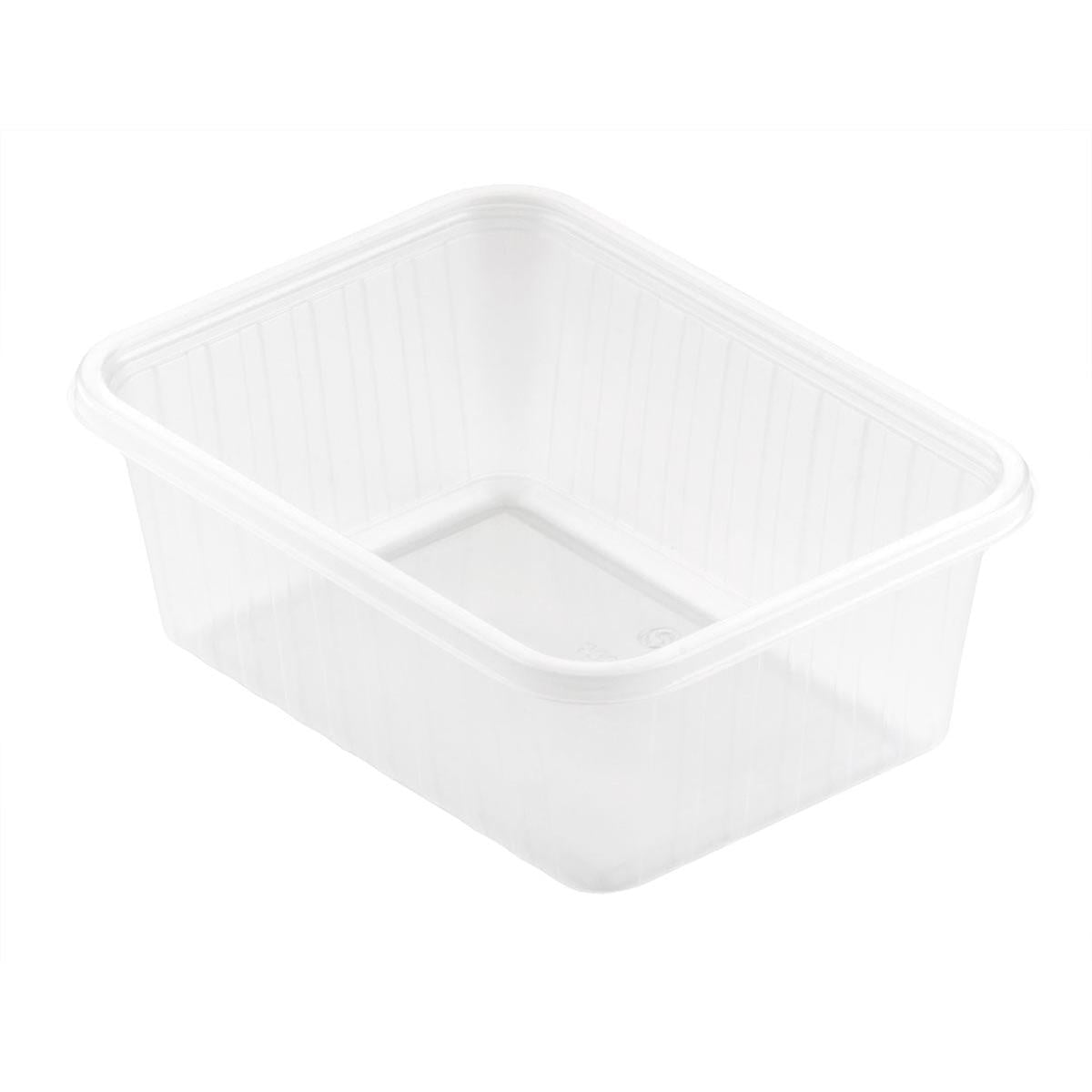 De Fixpack® rechthoekige Transparante PP 146x110mm van Duni GmbH is een rechthoekige, heldere opbergdoos met licht verhoogde randen en een glad oppervlak. De lege container staat op een witte ondergrond en is bovenaan open.