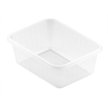 De Fixpack® rechthoekige Transparante PP 146x110mm van Duni GmbH is een rechthoekige, heldere opbergdoos met licht verhoogde randen en een glad oppervlak. De lege container staat op een witte ondergrond en is bovenaan open.