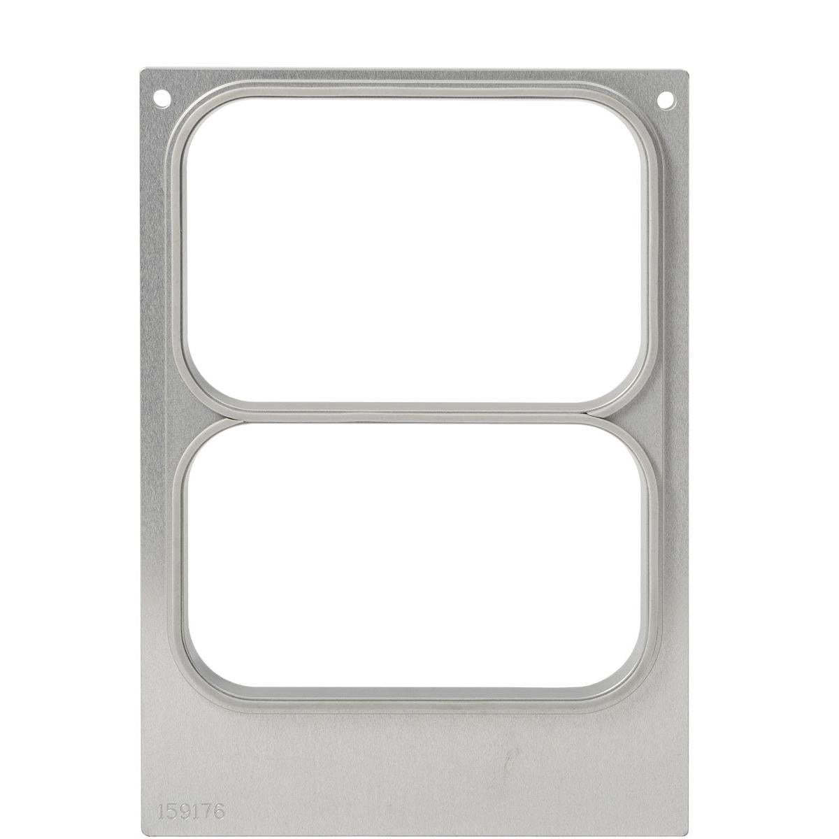 Een rechthoekig metalen frame met twee grote uitsparingen en vier hoekgaten, gegraveerd met 159176. Ideaal voor Duni GmbH cassette DF10/20 2-comp voor PP-schaal Caterline 440/370, 550/480, 645/540 ml (verpakking, 1 stuk).