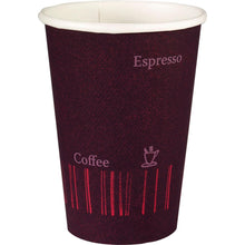 De Duni GmbH bekers "COFFEE QUICK" PAP/PE bekers (50 stuks) hebben een donkerrood en zwart ontwerp met "Espresso", "Koffie", een kopjessymbool en verticale lijnen - ideaal als lekvrije koffiebeker voor onderweg.