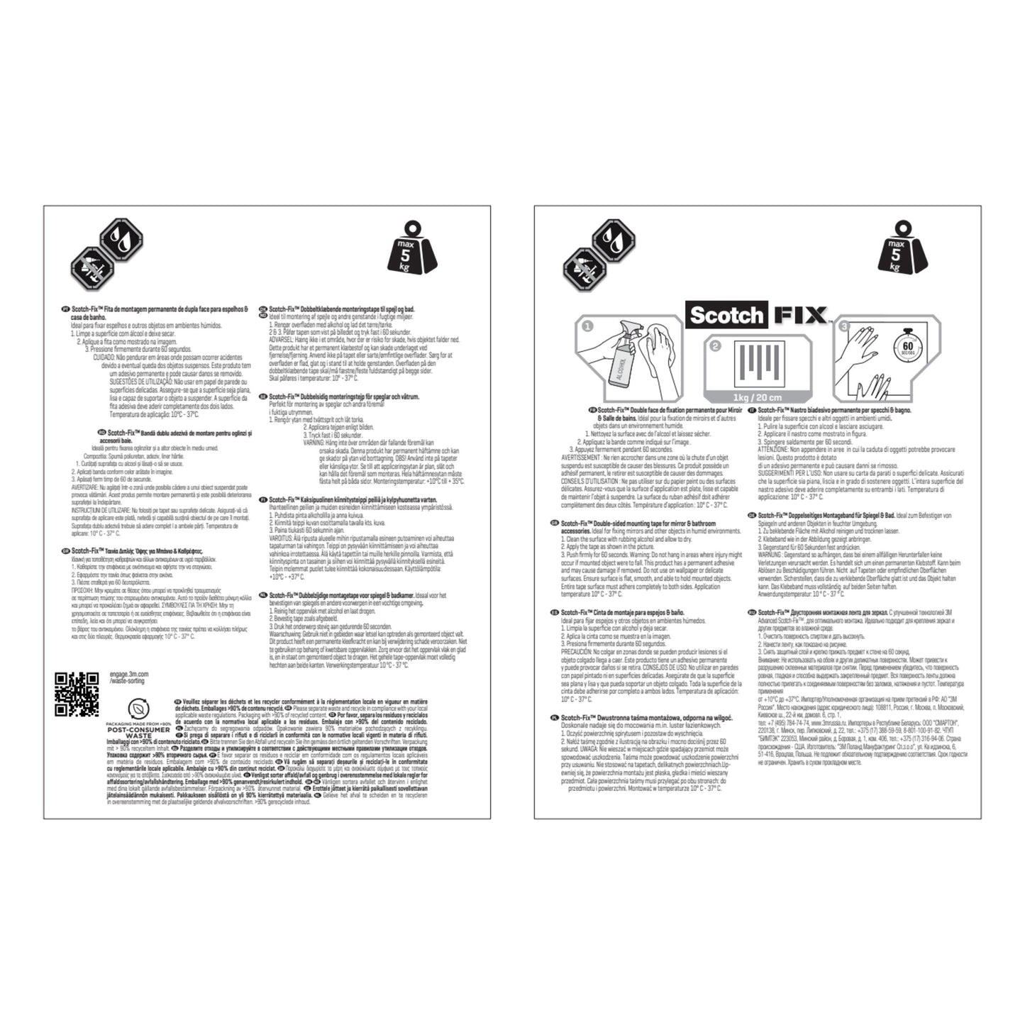 Zwei Anleitungsblätter für das Scotch-FIX™ Spiegelmontageband 4496W der 3M Deutschland GmbH enthalten Gewichtssymbole, Schritt-für-Schritt-Abbildungen und mehrsprachige Spalten mit Richtlinien für eine sichere Spiegelmontage.