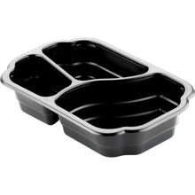 Die Duni GmbH PP-Schale Take-Away 3 Schwarz PP/MIN 250x159x48 (Packung: 246 Stück) hat drei Fächer zum Portionieren von Lebensmitteln, ist mikrowellengeeignet und ideal für die Gastronomie - leer auf weißem Hintergrund abgebildet.