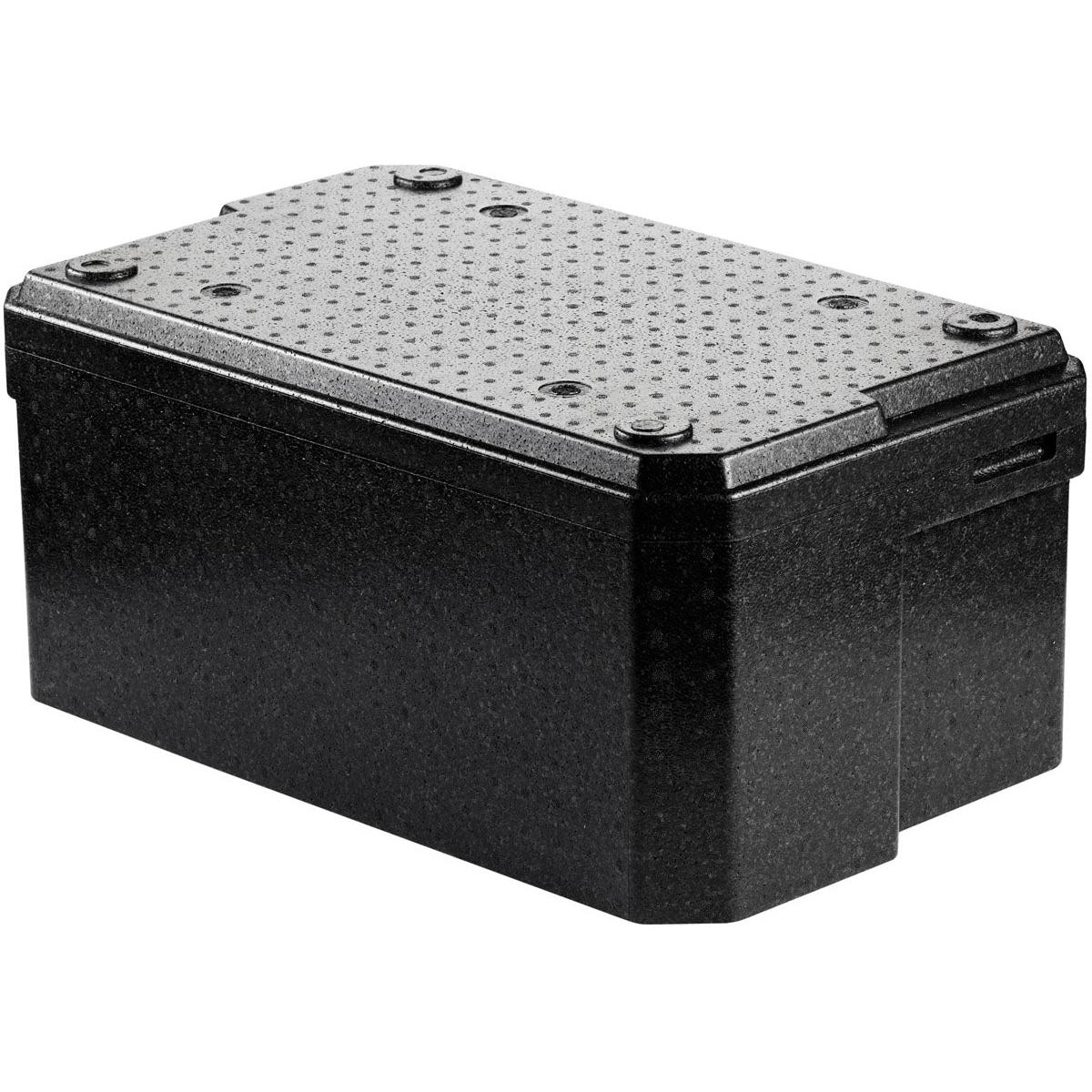 De Thermobox 1 Zwart EPP van Duni GmbH is een zwarte, rechthoekige kunststofbox voor het transport van levensmiddelen met een gestructureerd, gestippeld deksel met vier schroeven. Ze wordt gepresenteerd tegen een witte achtergrond.