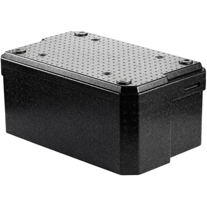 De Thermobox 1 Zwart EPP van Duni GmbH is een zwarte, rechthoekige kunststofbox voor het transport van levensmiddelen met een gestructureerd, gestippeld deksel met vier schroeven. Ze wordt gepresenteerd tegen een witte achtergrond.