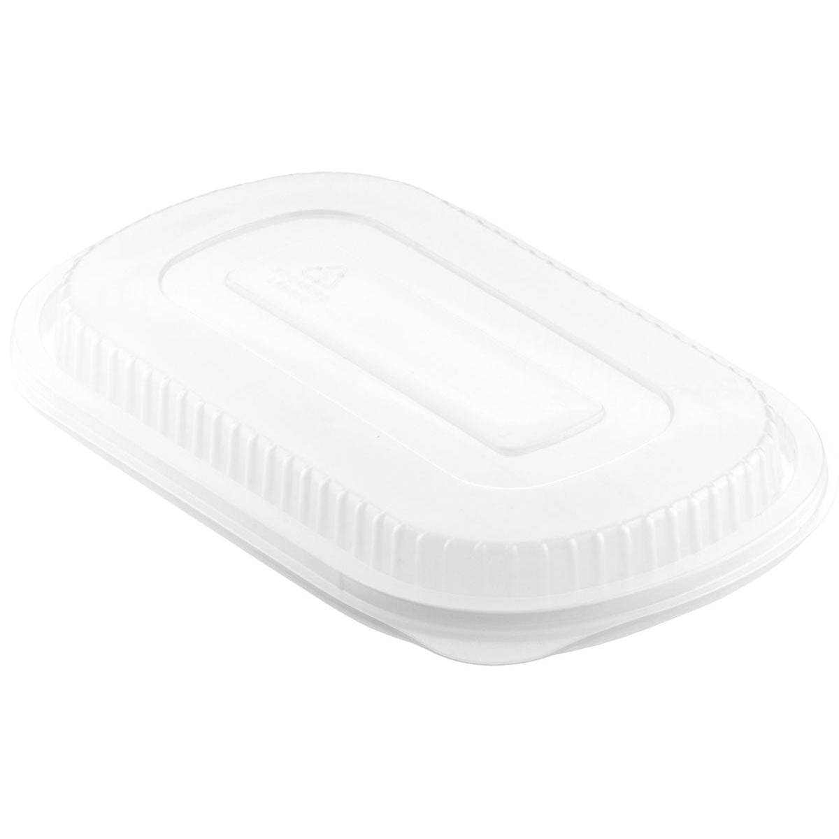 Een transparant PP-deksel voor 161182 / 161179 (240x150x20) van Duni GmbH, schuin weergegeven voor een witte achtergrond. De verpakking bevat 50 stuks.
