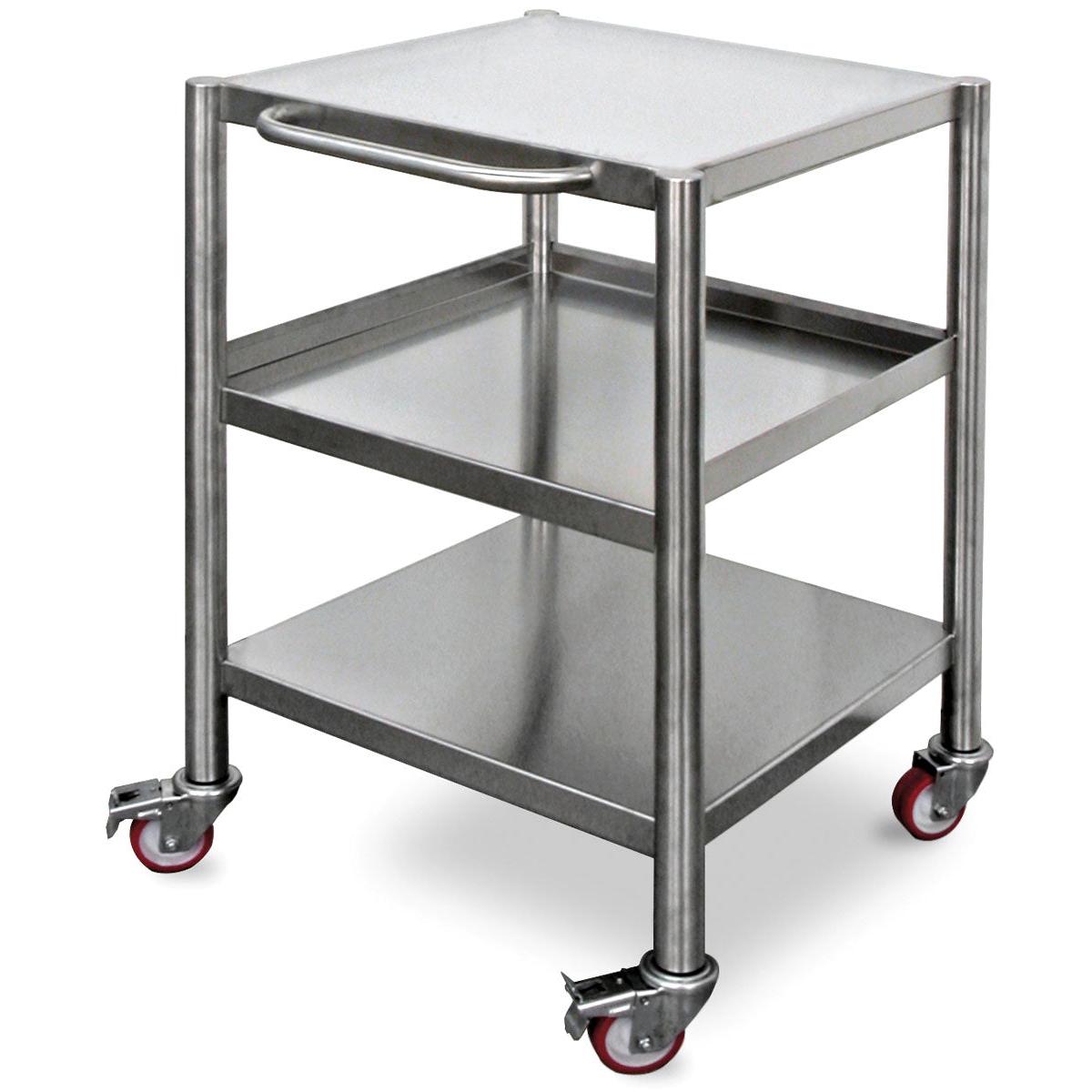 De Duni GmbH Trolley voor DF22/22F/32/32F in zilver roestvrij staal (600x600x800mm, 1 stuk) heeft drie legborden, een zijhandgreep en vier zwenkwielen - waarvan twee met remmen - voor een efficiënte transport in een slank industrieel ontwerp.