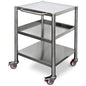 De Duni GmbH Trolley voor DF22/22F/32/32F in zilver roestvrij staal (600x600x800mm, 1 stuk) heeft drie legborden, een zijhandgreep en vier zwenkwielen - waarvan twee met remmen - voor een efficiënte transport in een slank industrieel ontwerp.