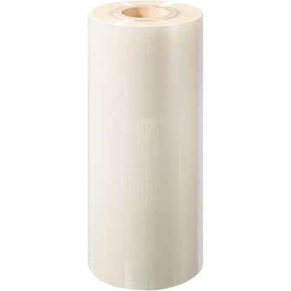 Eine große, aufrecht stehende Rolle Duni GmbH PET-Siegelfolie Antifog PET mit einem Pappkern wird vor einem weißen Hintergrund präsentiert.