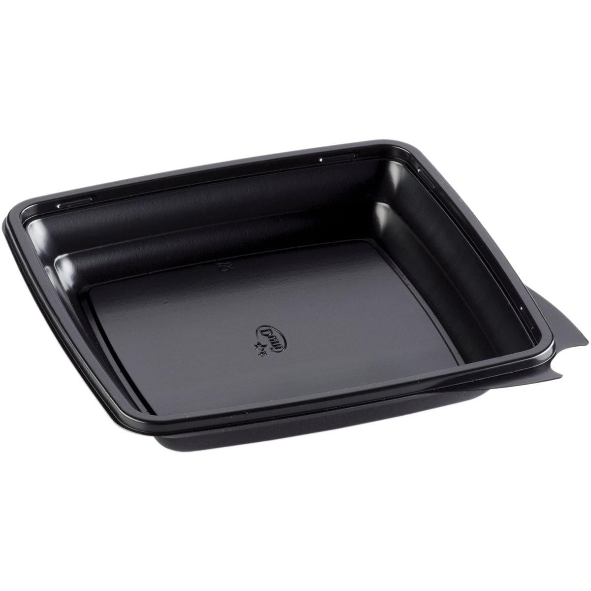De vierkante menubox Zwart PP 197x197x33 van Duni GmbH (verpakking à 450 stuks) van stevig kunststof heeft licht verhoogde randen en een zijtab, afgebeeld op een witte achtergrond.