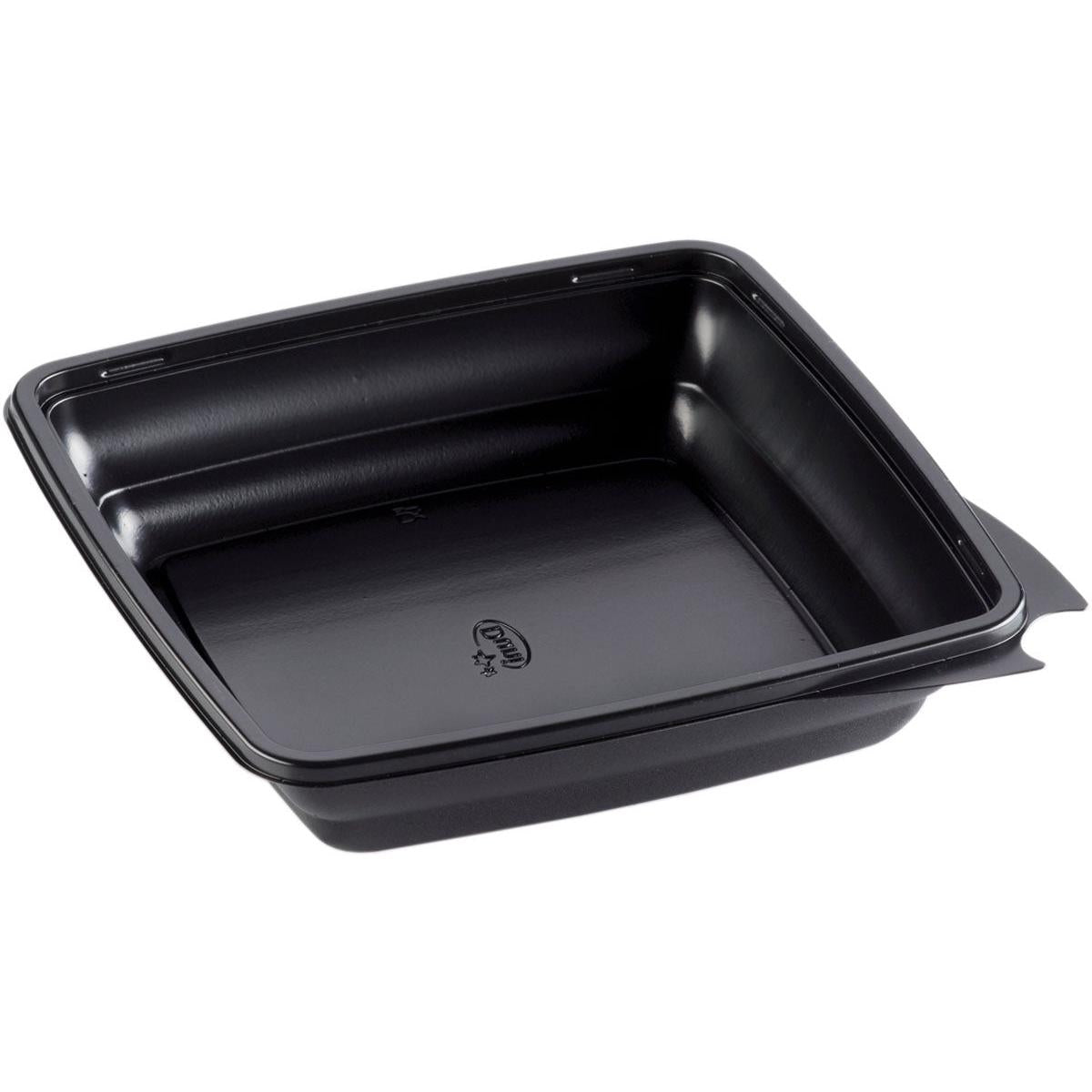 De Duni GmbH Menubox, vierkant, zwart van PP (197x197x44 mm), verpakking met 450 stuks, met afgeronde hoeken en licht verhoogde rand, is als zwarte kunststof voedselbak schuin op witte achtergrond afgebeeld.