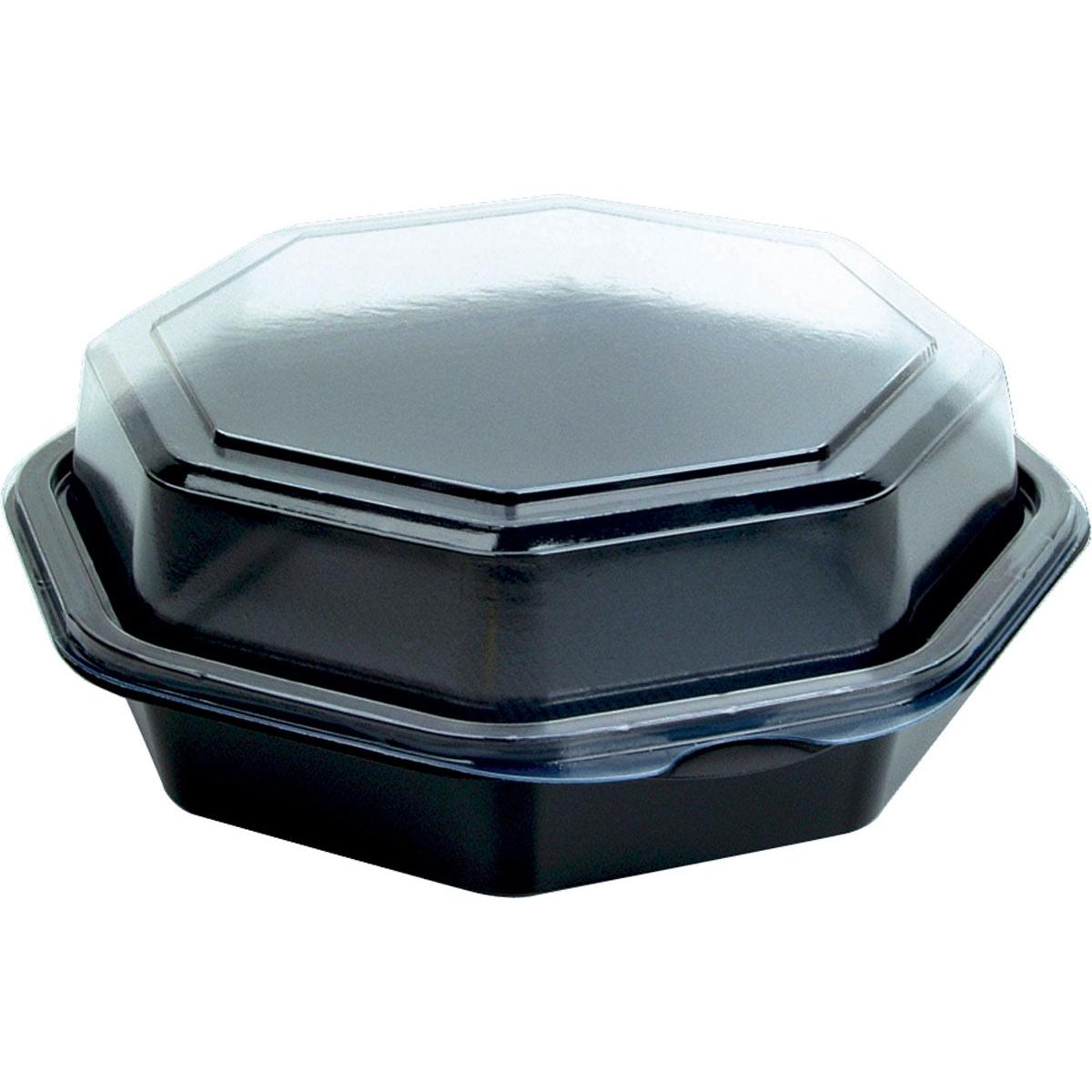Een gesloten, zwarte Octaview® container (Duni GmbH, PS 160x160x60 mm, verpakking 20 stuks) met een transparant deksel is te zien op een witte achtergrond; ideaal voor het bewaren van kleine voorwerpen en lijkt leeg.