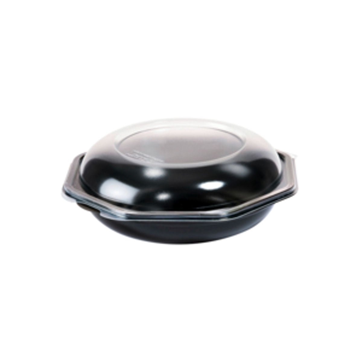 Een zwarte Octabowl® (Duni GmbH, C&C verpakking met 149865) Takeout-container in PS Zwart/Transparant, 190x190x71mm, met gewelfde deksel en kleine zijgrepen - ideaal voor de horeca of dagelijks gebruik. Verpakking: 20 stuks. Afgebeeld op witte achtergrond.