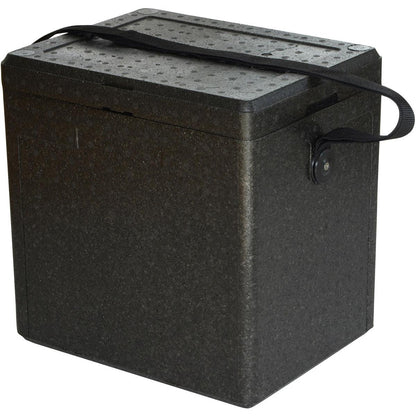 De Thermobox 1 Zwart EPP van Duni GmbH is een zwarte, rechthoekige box met gestructureerd oppervlak, deksel en zijriem - perfect als isolatiebox voor horeca of voedseltransportbox.